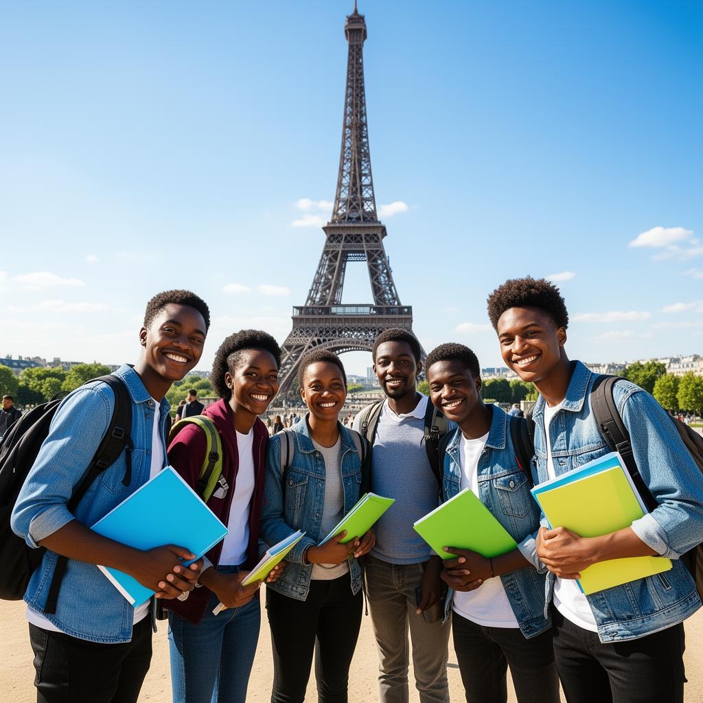 Étudiant africain souriant devant une université française au coucher du soleil